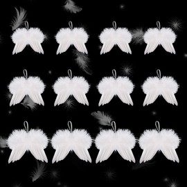 12 Pcs White Angel Wings Ornament, 3 Size Vintage Feather Wing Christmas Tree Hanging Decor Weeding Ornament (6.7 x 6in, 5 x 4.3in, 4.3 x 3.6in)