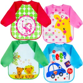 Vicloon Baby Bibs with Long Sleeves, Pack of 4 Waterproof Baby Bibs, Sleeve Bibs, Washable, Unisex for Painting, Play, Food, Art, Craft, Painting, 4 Patterns, Suitable for 6-36 Months Children