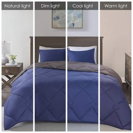 Comfort Spaces Vixie Reversible Comforter Set - Modern Geometric Quaterfoil Cloud Quilted Design, All Season Down Alternative Bedding, Matching Shams, Navy/Charcoal King(104"x92") 3 Piece