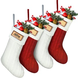JellyArch 4 Pack Knit Christmas Stockings with Leather Name Tag, 18 Inches Large Xmas Stockings Gift Bags Christmas Hanging Ornaments for Fireplace Christmas Tree Decorations Party(Red, Ivory)