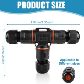 3-Pin Cable Connector Waterproof IP68, T-Shape Cable Connector, Waterproof 3-Pin Earth Cable Connection Sleeve for Diameter 3-12 mm Cable Diameter, 2-Way Waterproof Junction Box for Garden, Outdoor