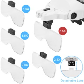 Lupenbrille mit LED Licht Kopfbandlupe Stirnlupe Brillenlupe mit Beleuchtung für Lesen Elektriker Juweliere Nähen Reparatur 5 Wechselobjektive 1x bis 3,5X