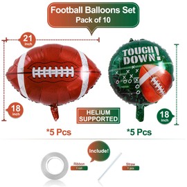 10 Pack 18 Inch Rugby Foil Balloons Helium Mylar Football Field Balloons for Tailgate Game Day Sports Theme Supplies Birthday Party Decorations
