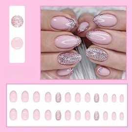 Pikabows Press On Nails Short Almond Pink French Tip Silver Glitter Fake Nails Acrylic False Nail Tips Kit Glue on Nails for Women