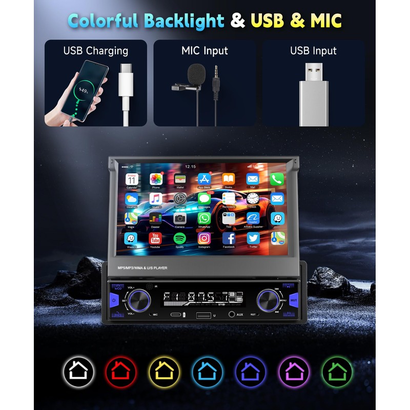 7 Inch Single DIN Flip Out Car Stereo with Wireless
