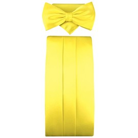 TigerTie Cummerbund Pocket Square Bow Tie in Various Colours - 100% Pure Silk Sash Waistband, Yellow Lemon Yellow