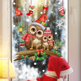 HOTIYOK Christmas Sticker, Window, Wall Sticker, Cartoon, Owl, Christmas Branches, Christmas Stickers, Window Stickers, Stylish, Wallpaper, Static, Stick-on Window, Stylish, Removable, Christmas,
