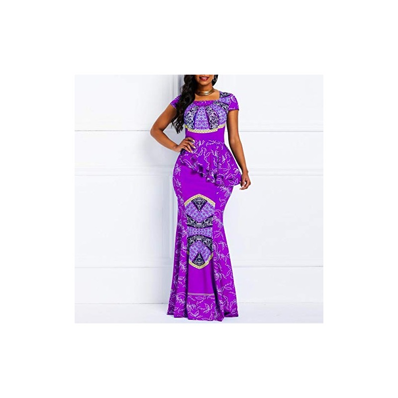 VERWIN African Dress Cap Sleeve Square Neck Floor-Length Geometric Mermaid