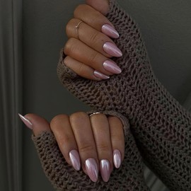 Light Pink Chrome Press on Nails Short Almond Fake Nails Glossy Pink Pearl Aurora Full Cover False Nails Bling Mirror Effect False Nails Reusable Glue on Nails for Women Girls Daily Wear 24Pcs