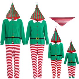 IFFEI Christmas Pyjamas Matching Family Pajamas One Piece Striped Santa Claus Elf Hooded Pjs Sleepwear Nightwear for Women Men Kids Baby Pet Kids: 10-11 Years