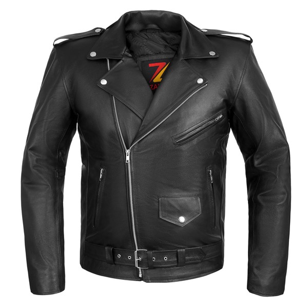 ZAPRIS Motorcycle Leather Jacket With Belt Motorbike Biker Classic Rider