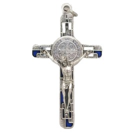 GTBITALY 10.674.31 ms Cross of Saint Benedict Silver with Mosaic Lacquer with Ring 8 cm Exorcism Blue