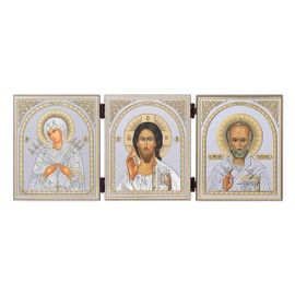NKlaus - Icon - Mother of God of the Seven Arrows & Jesus Christ & Saint Nicholas - House Altar Triptych - 12x31cm - Iconography 16514
