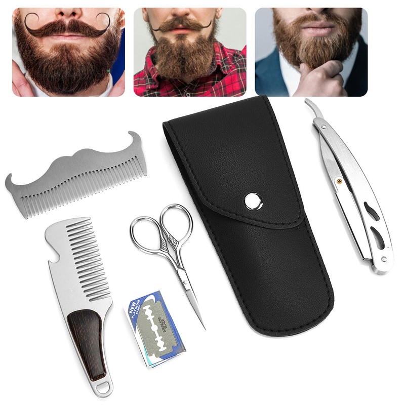 6pcs Beard Kit Shaving Knife Blade Beard Brush Scissors Storage