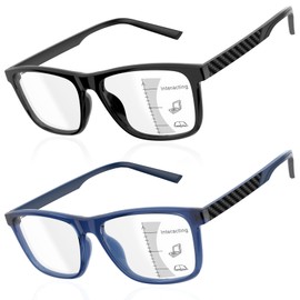Epavouos 2 Pack Progressive Multifocus Reading Glasses Men TR90 Frame Lightweight Trifocal Transition Computer Readers Near Workspace Anti Blue Light Black & Blue 2.50
