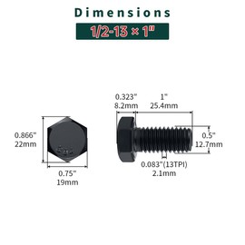 1/2-13 x 1 Hex Bolts with Nuts and Washers (6 Sets), 18-8 (304) Stainless Steel, External Hex Drive, Black Oxide Coated Hexagon Head Bolts Screws, Fayeploo