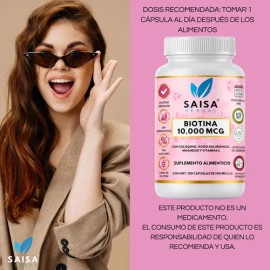 Biotina 10,000 Mcg con Ácido Hialurónico y Colágeno   Citrato de Magnesio  Saisa Herbal  100 Cápsulas  Suplemento Alimenticio  Cabello, Piel, Uñas y  