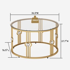 OIOG Glass Coffee Table for Living Room, Gold Coffee Table with Tempered Glass, Round Coffee Table for Office