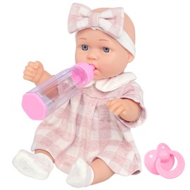 12-Inch Classic Checkered Dress Baby Doll & 6-Piece Accessories Gift Box – Soft Realistic Baby Dolls for Toddlers & Little Girls