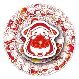 50PCS Cute Cartoon Rabbits Sticker Decoration Festive Red 2023 New Year Stickers for Scrapbook Planners Gift Packing Scrapbooking Album Planner Journal Arts DIY Craft