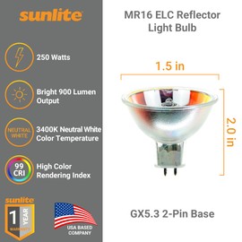 Sunlite MR16 ELC Reflector Light Bulb, 250 Watts, 24 Volts, Clear Finish, GX5.3 2-Pin Base, 99 CRI, 3400K Neutral White, Ideal for Landscape Lighting, 1 Pack