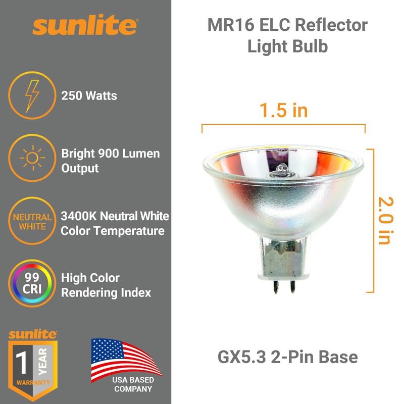 Sunlite MR16 ELC Reflector Light Bulb, 250 Watts, 24 Volts,