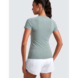 CRZ YOGA Seamless Workout Tops for Women Short Sleeve Athletic Tees Breathable Gym Running Yoga Shirts Green Palm Court Large