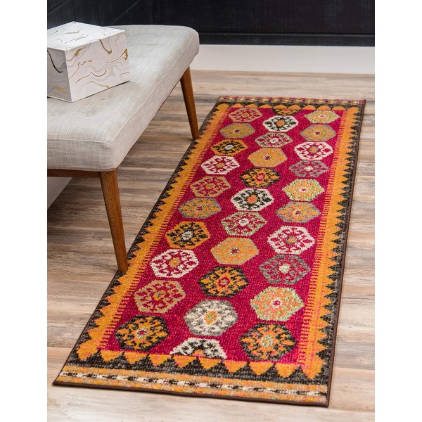 Unique Loom Sedona Collection Southwestern, Over-Dyed, Modern, Geometric, Border, Tribal, Abstract Area Rug, 3' 3 x 3' 3 Round, Fuchsia/Beige