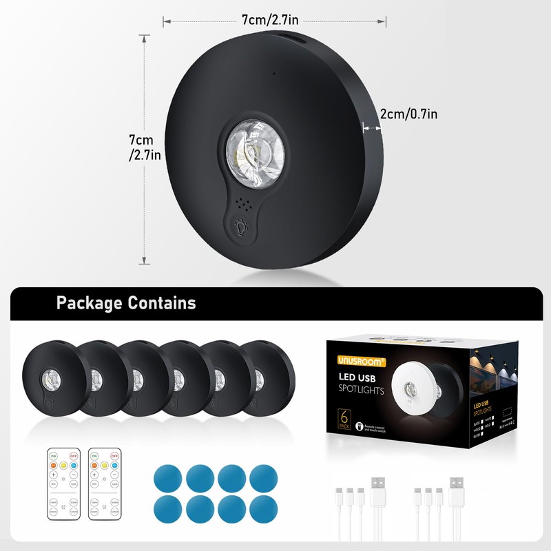 UNUSROOM Rechargeable Puck Lights with Remote Control,2000mAh High Capacity Battery
