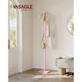 VASAGLE Solid Wood Coat Rack, Free Standing Hall Coat Tree with 8 Hooks, 3 Height Options, for Coats, Hats, Bags, Purses, for Entryway, Hallway, Rubberwood Hooks and Pole, Jelly Pink URCR010R01