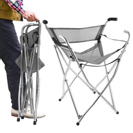 Walking Stick Chair Seat - Folding Camping Cane Portable Stool Heavy Duty Aids for Seniors (L Size Grey)