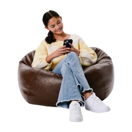 Factory Direct Partners 35" Rustic Western Bean Bag Chair; Distressed Faux Leather, Low to Ground for Reading, Playing Video Games and Relaxing; Flex Seating for Home and School - Walnut, 10478-323