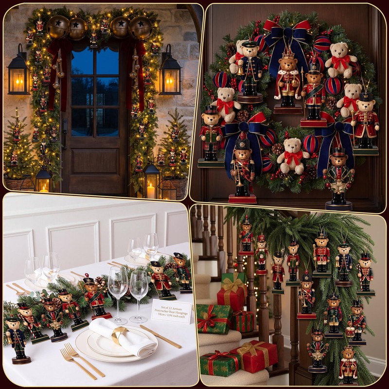 36pcs Christmas Teddy Bear Ornaments Wooden Nutcracker Plaid Decor
