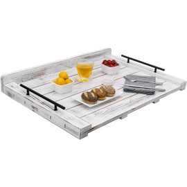 MyGift 29.5 Inch Extra Large Noodle Board, Shabby White Washed Solid Wood Stove Top Cover with Black Metal Handles, Decorative Oversized Kitchen Countertop Serving Tray