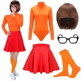 Hercicy Disfraz Naranja Halloween para Adultos Peluca Bob Body Cuello Alto Falda Skater Gafas Calcetines Conjunto de Cosplay para Mujer(XL)