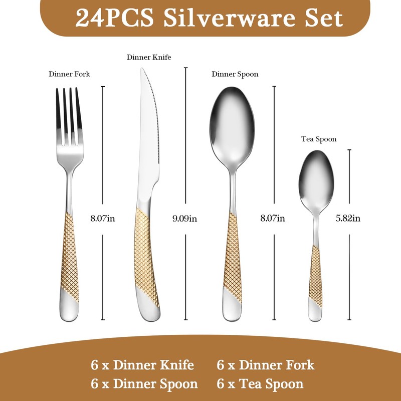 24 Piece Gold Hammered Silverware Set for 6, Premium Food-grade