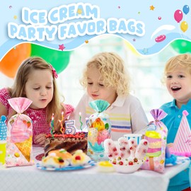 120 Pieces Ice Cream Party Treat Bags Plastic Cello Candy Goodie Bag with 150 Golden Twist Ties for Party Supplies(Ice Cream Style)
