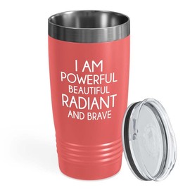 Flairy Land Daily Affirmation Coral Edition Tumbler 20oz - Powerful Beautiful - Funny Gift For Reminder Coworker Friendship Graduation Birthday Encouragement Sunshine Woman