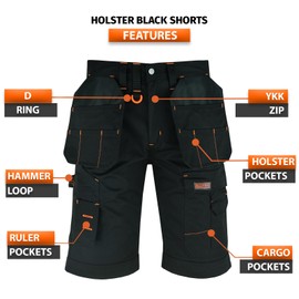 WrightFits Men Holster Work Shorts - Heavy Duty Safety Combat Cargo Summer Shorts - Multi Pockets - Triple Stitched - Durable Workwear Black 40 W