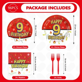 Grencian 96Pcs Happy 9th Birthday Party Supplies Cartoon Anime Themed Paper Plates and Napkins Tableware Sets Red and White Decoration for 9 Year Old Birthday Kids Children Party Serves 24