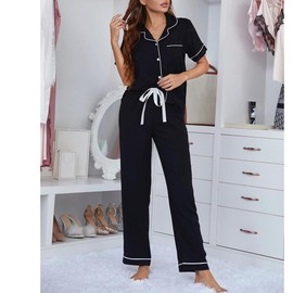 MAIABLEAU Womens Button Down Pajama Sets Bride Sleepwear 2 Piece Lounge Sets Short Sleeve Tops and Pants Black S