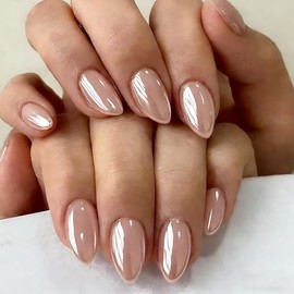 SXVME Uñas postizas cortas almendradas color crema cromado, uñas postizas lindas con acabado brillante y diseño de espejo, uñas postizas stiletto con 