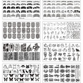 VNC 13PCS Nail Stamp Templates Set - 8Pcs Stamping Plate + 2Nail Stamper + 2Scraper+1Pcs Case Flower Butterfly Animal Design Metal Image Nail Plates Print Stamper Decals Set Manicure Stencils Tools