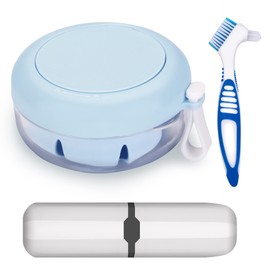 Denture Case with Brush & Portable Toothbrush Box, 100% No-Leak Retainer Box Set for Traveling Perfectly, Retainer Cup with Strainer & Mirror for Denture, Mouth Guard, Aligner (BLUE)