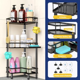 Verdenu Corner Shower Caddy, 3 Tier Standing Shower Caddy for Shampoo Storage with Soap Holder, Stainless Steel Corner Shelf with 4 Hooks, Bathroom Organizers and Storage for Shower Organizer