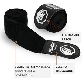 MARTIAL Boxing Bandages with the Best Velcro and Thumb Loops 3 m, 3.8 m, 4.5 m Bandages That Won’t Wear Out for Mixed Martial Arts, Boxing, Kickboxing and Sparring Wrist Wraps In Black or White, Optimal Sweat Absorption, Includes Bag, black