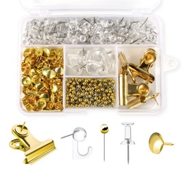 AIEX 465pcs Clear Push Pins Set, Metal & Plastic Pushpins Clips Thumb Tacks and Push Pins for Cork Board Bulletin Board Wall 5 Styles Office Supplies (Gold)