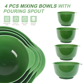 BoxedHome 4 Quart Large Plastic Mixing Bowls, Microwave Safe Mixing Bowl Set with Pour Spout, Nesting Bowls for Space Saving Storage(Grass Green)