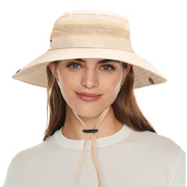 Yikki Women's Sun Hat - Safari Hat UV Protection with Sun Hat Women's Foldable Design & Breathable Mesh - Adjustable Chin Strap, Wide Brim - Summer Hat for Camping, Fishing, Travel & Outdoor, beige