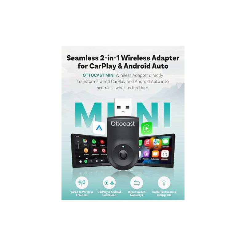 OTTOCAST Mini 2025 Adaptador automatico inalámbrico CarPlay/Android 2 en 1,WiFi